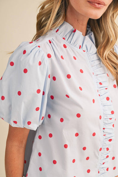 POLKA DOT RUFFLED BUTTON DOWN TOP MTP5101