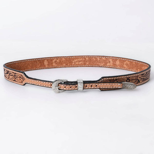 ADHTBR112 Natural Tooled Leather Western Hatband with Floral Design & Silver Buckle Set