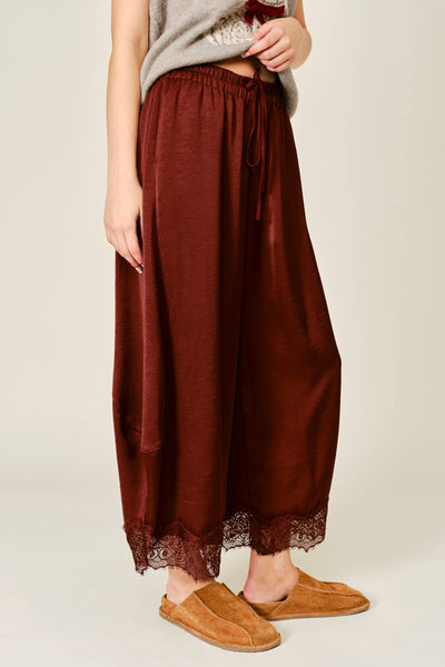 AJP6612 LACE TRIM SATIN DRAWSTRING BARREL PANTS