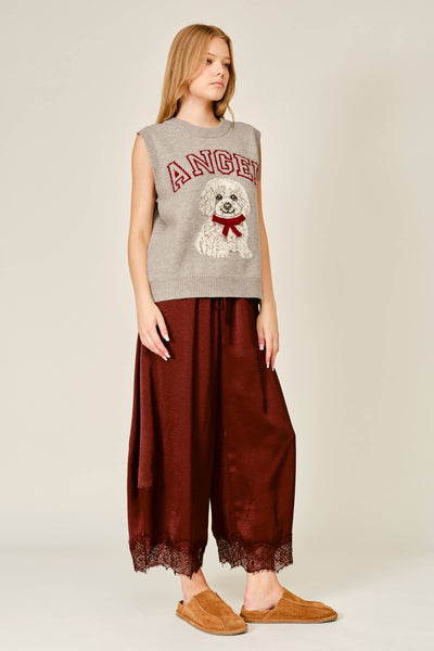 AJP6612 LACE TRIM SATIN DRAWSTRING BARREL PANTS