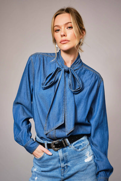 Tie Neck Chambray Blouse