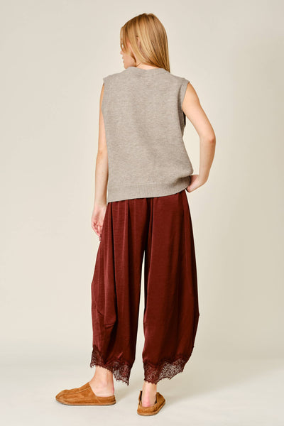 AJP6612 LACE TRIM SATIN DRAWSTRING BARREL PANTS