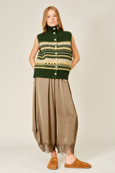 AJP6612 LACE TRIM SATIN DRAWSTRING BARREL PANTS