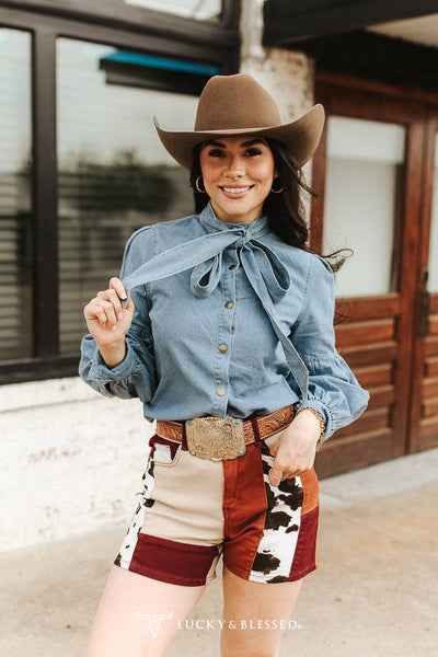 Light Wash Puff Long Sleeve Bow Tie Neckline Shirt