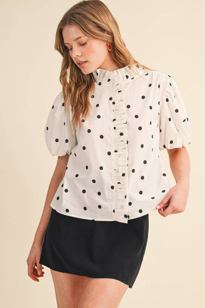POLKA DOT RUFFLED BUTTON DOWN TOP MTP5101