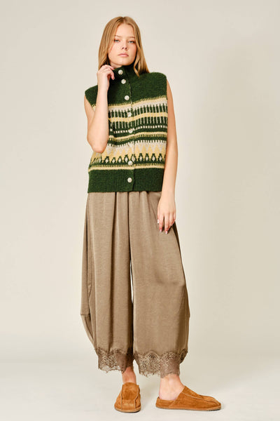 AJP6612 LACE TRIM SATIN DRAWSTRING BARREL PANTS