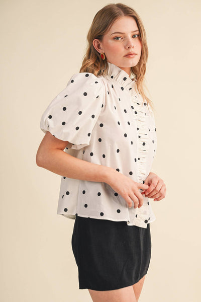 POLKA DOT RUFFLED BUTTON DOWN TOP MTP5101