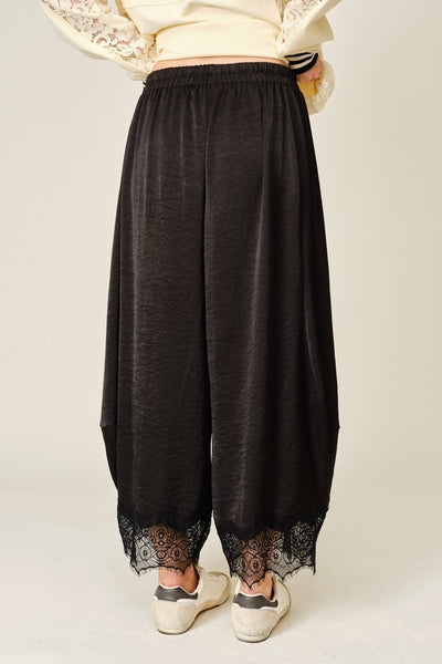 AJP6612 LACE TRIM SATIN DRAWSTRING BARREL PANTS