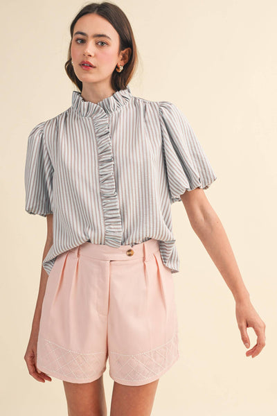 The Kenz Striped Ruffled Button Down Top