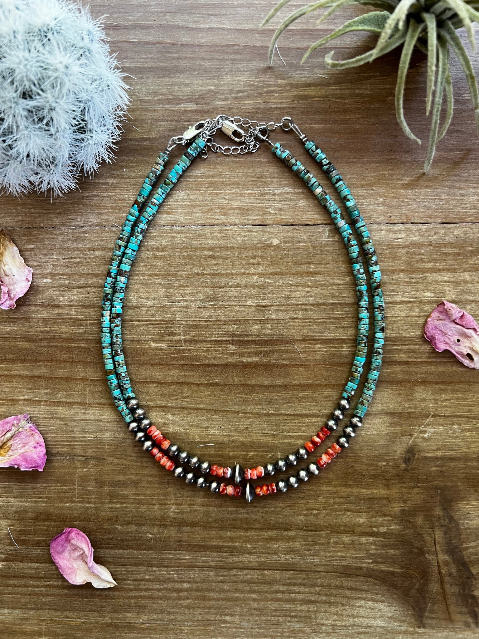 5mm Sterling Silver "Navajo Style" Pearl, Turquoise, & Spiny Oyster Necklace-14"
