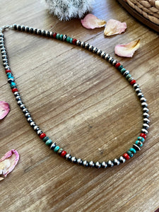 6mm Sterling Silver "Navajo Style" Pearls, Turquoise, and Coral Necklace-19in