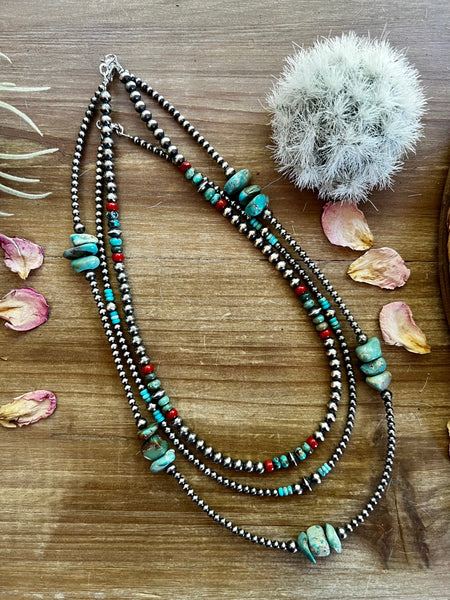 6mm Sterling Silver "Navajo Style" Pearls, Turquoise, and Coral Necklace-19in