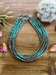 5mm Sterling Silver “Navajo Style” Pearls and Turquoise Necklace-14"