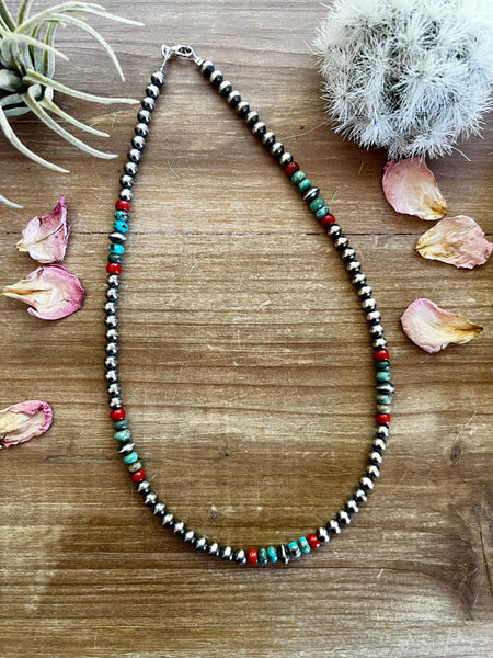 6mm Sterling Silver "Navajo Style" Pearls, Turquoise, and Coral Necklace-19in