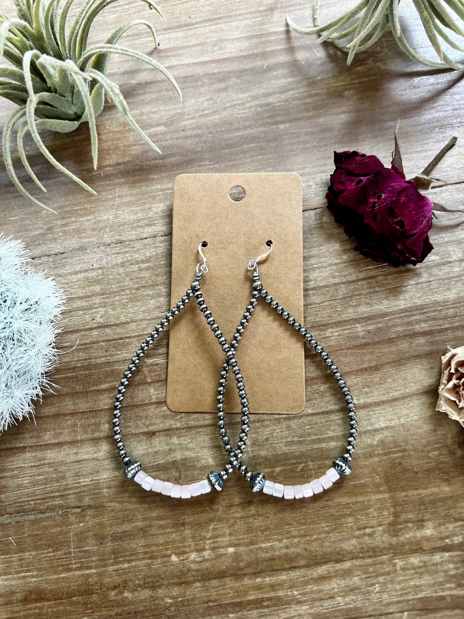 Pink Shell and 3mm Sterling Silver "Navajo Style" Pearl Earrings- 3.5"