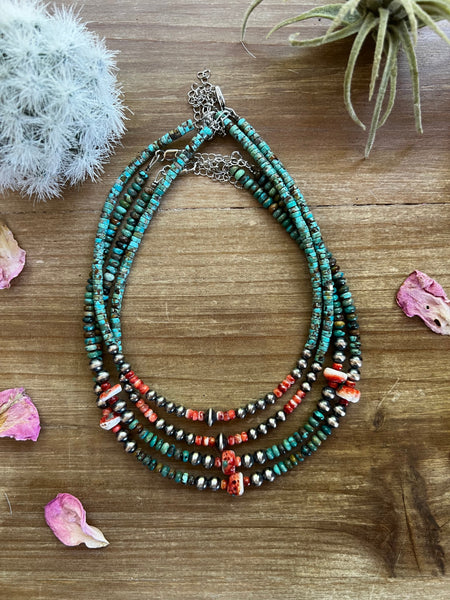 5mm Sterling Silver "Navajo Style" Pearl, Turquoise, & Spiny Oyster Necklace-14"