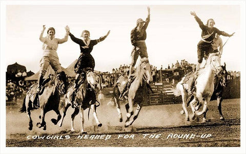 Cowgirls Standing on Horses Card