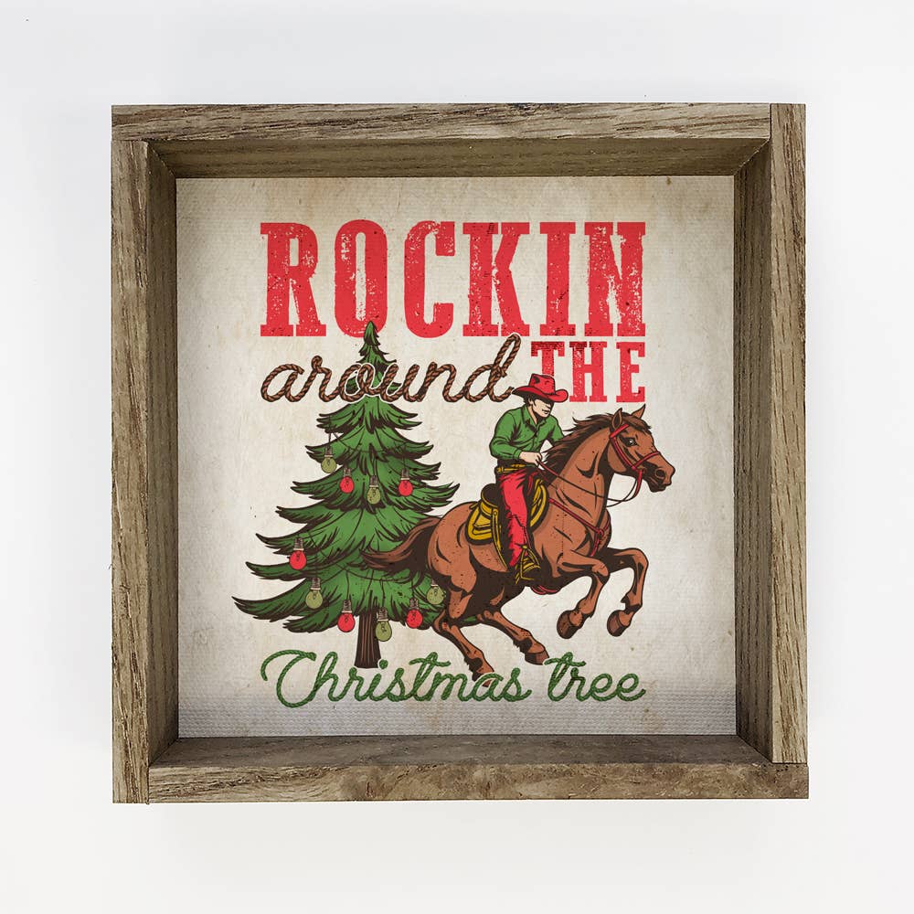 Western Rockin Around the Christmas Tree -  6x6" Canvas Art