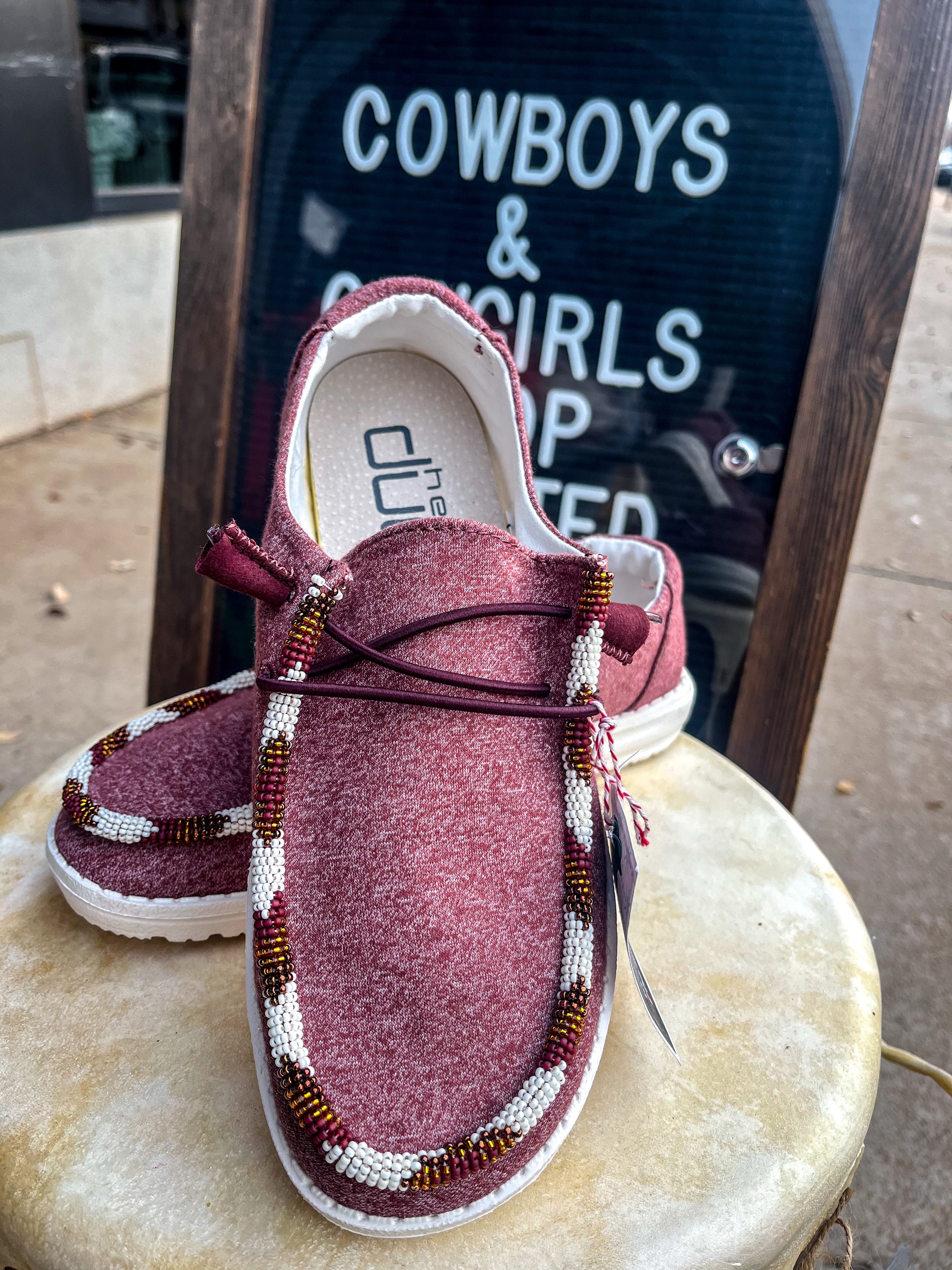 Size 7 Burgundy Beaded Hey Dudes – Twisted Horn